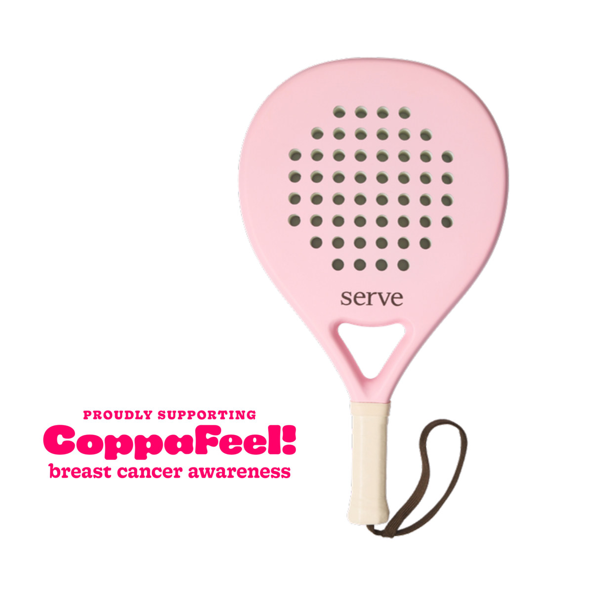 SERVE Pastel Pink Padel Racquet, proudly supporting CoppaFeel! breast cancer awareness